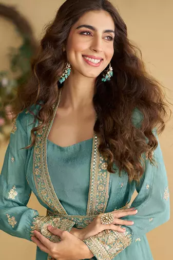 sky blue chinon embroidered anarkali set