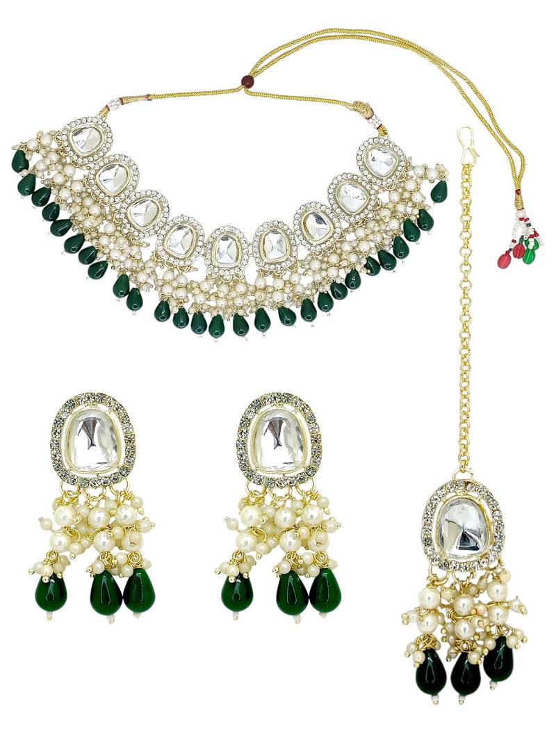 Gold plated kundan green choker set