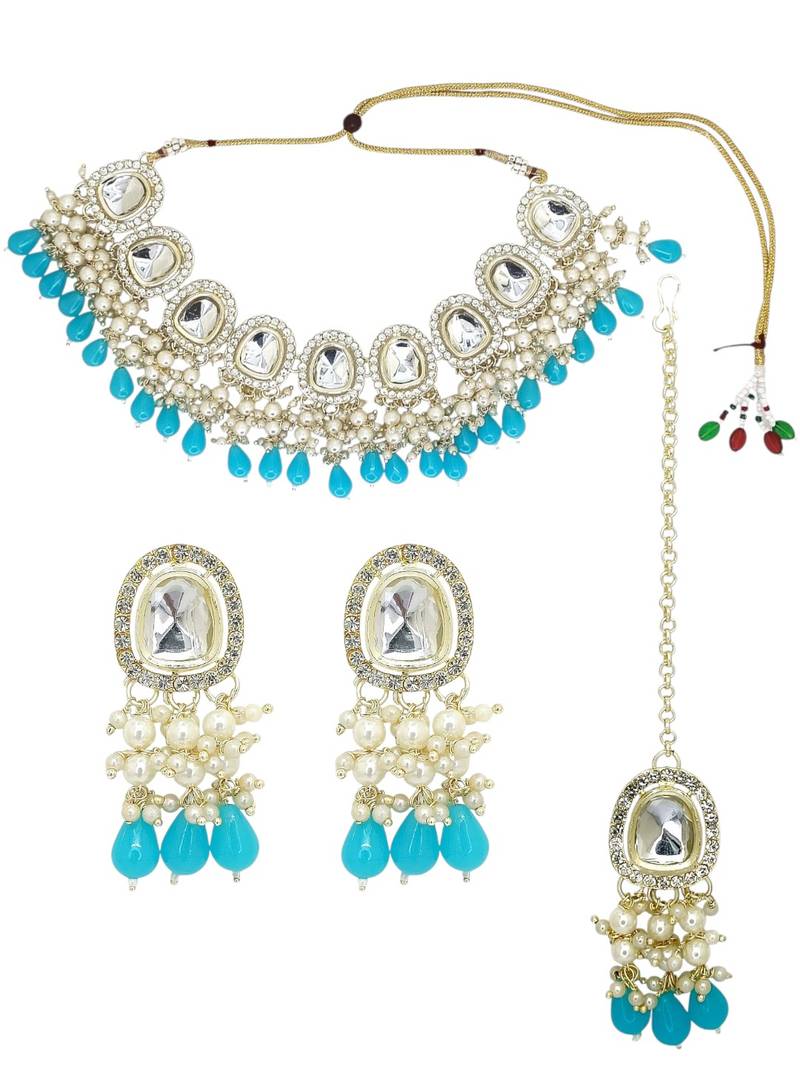 Gold plated kundan turquoise choker set