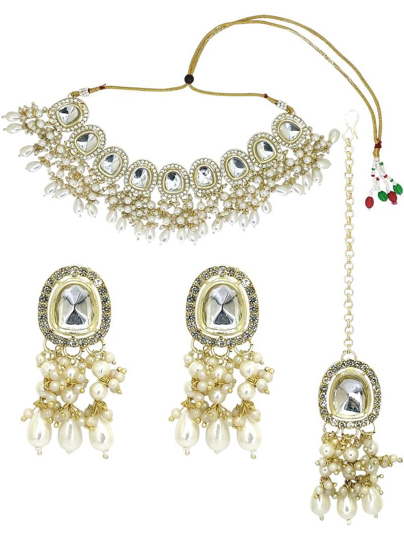 Gold plated kundan white choker set