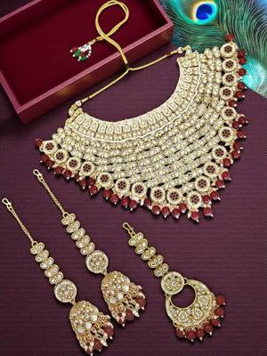 Gold plated maroon kundan bridal necklace set 1