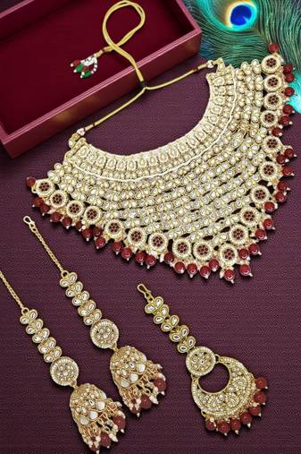 Gold plated maroon kundan bridal necklace set