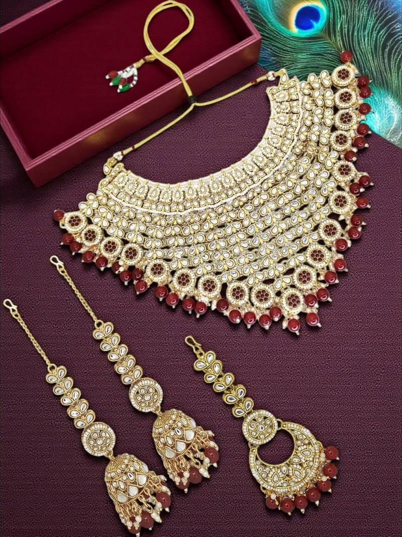 Gold plated maroon kundan bridal necklace set