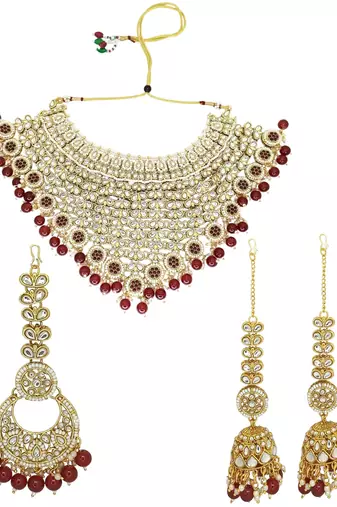 Gold plated maroon kundan bridal necklace set