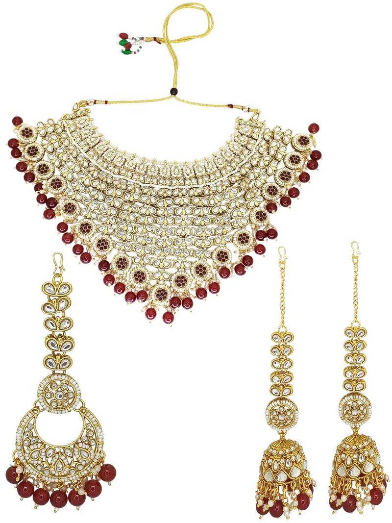Gold plated maroon kundan bridal necklace set