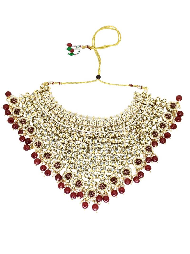 Gold plated maroon kundan bridal necklace set