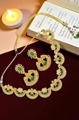 Gold plated green laxmi temple necklace set