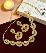 Gold plated green laxmi temple necklace set