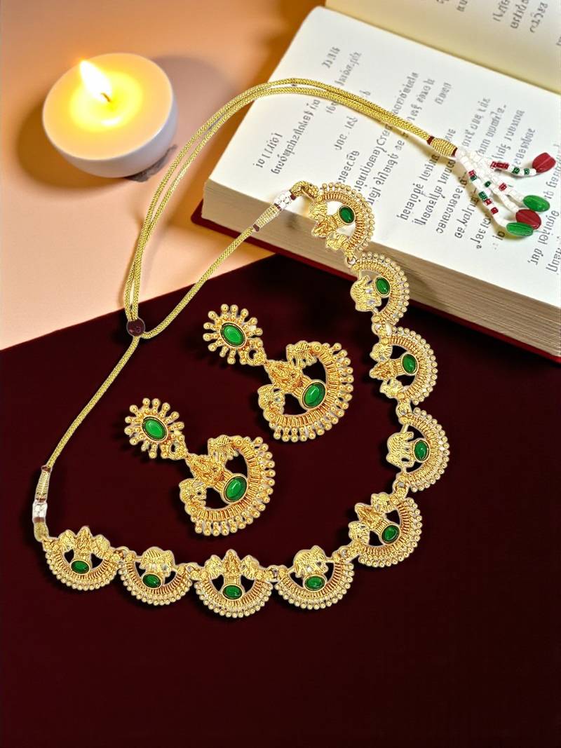 Gold plated green laxmi temple necklace set