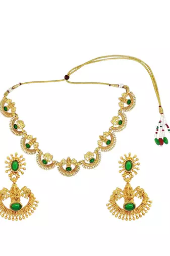 Gold plated green laxmi temple necklace set