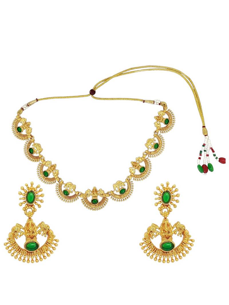 Gold plated green laxmi temple necklace set