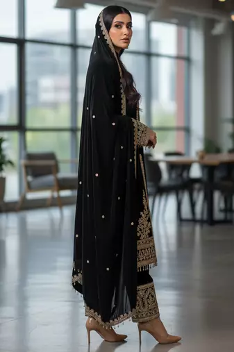 Black velevt fabric designer embroidery work suit