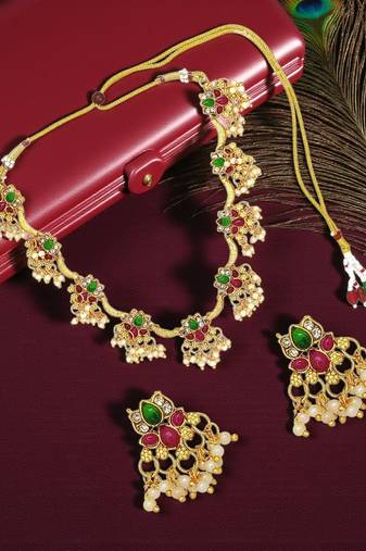 Gold plated lotus motif cz necklace set