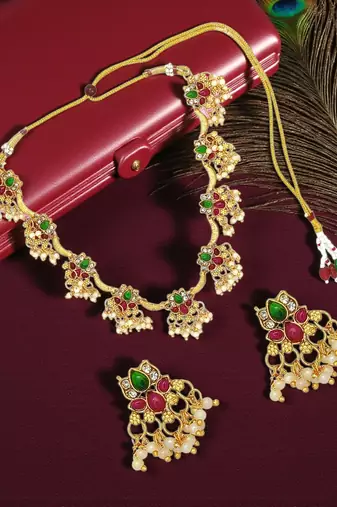 Gold plated lotus motif cz necklace set