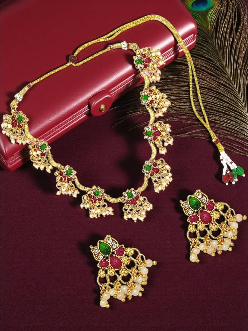 Gold plated lotus motif cz necklace set