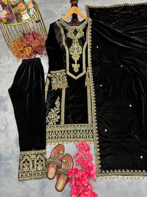 Black velevt fabric  embroidery work suit 5
