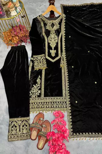 Black velevt fabric designer embroidery work suit