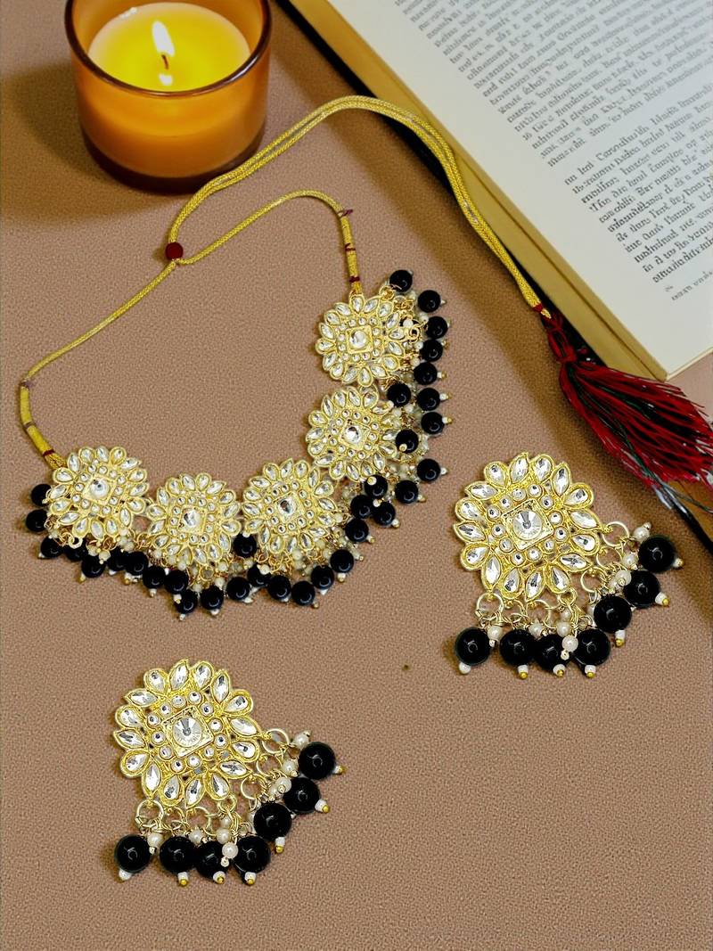 Gold plated black kundan necklace set
