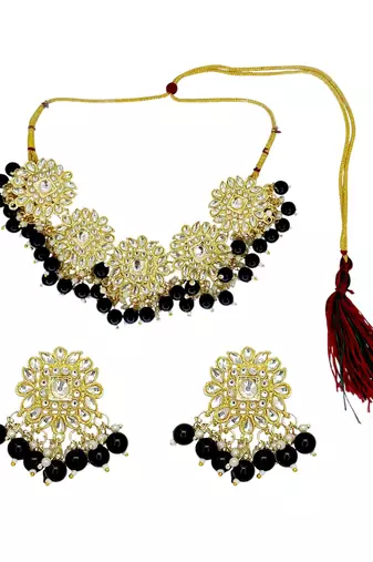 Gold plated black kundan necklace set