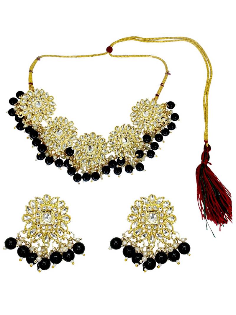 Gold plated black kundan necklace set