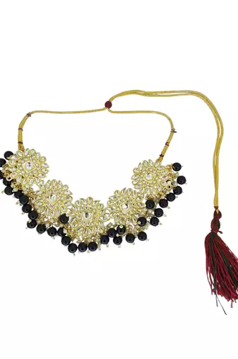 Gold plated black kundan necklace set