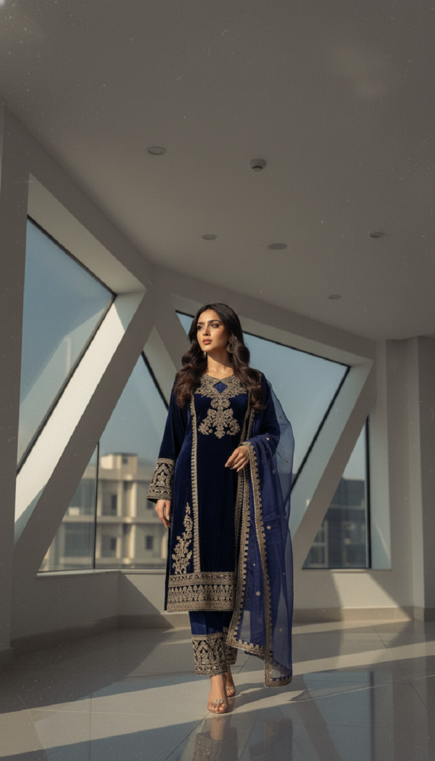 Blue velevt fabric designer embroidery work suit