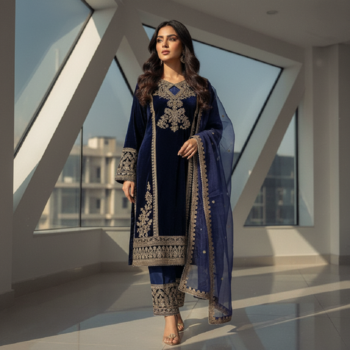 Blue velevt fabric designer embroidery work suit 4
