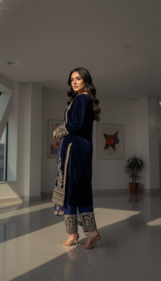 Blue velevt fabric designer embroidery work suit 5