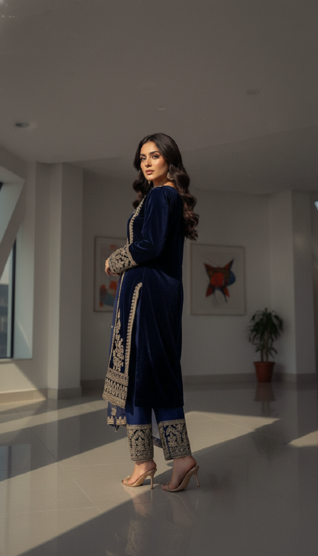 Blue velevt fabric designer embroidery work suit