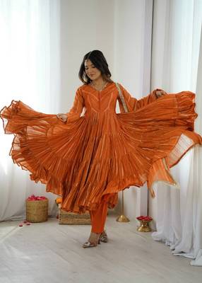 Orange mal chanderi mirror with hand anarkali suit 1
