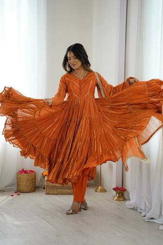 Orange mal chanderi real mirror with handwork wedding anarkali suit