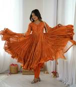 Orange mal chanderi real mirror with handwork wedding anarkali suit
