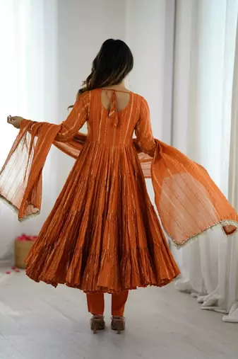 Orange mal chanderi mirror with hand anarkali suit