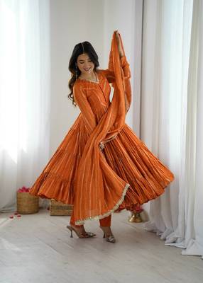 Orange mal chanderi mirror with hand anarkali suit 3