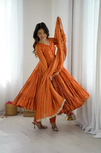 Orange mal chanderi mirror with hand anarkali suit