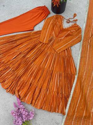 Orange mal chanderi mirror with hand anarkali suit 5