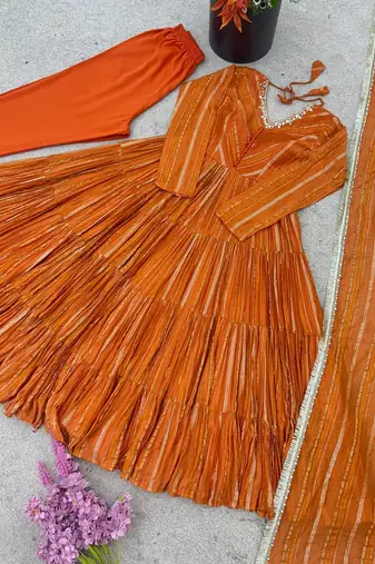 Orange mal chanderi mirror with hand anarkali suit