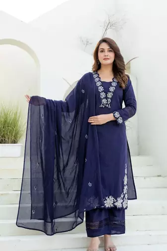 Navy Blue Cotton Embroidered Kurta Set with Mul Cotton Dupatta