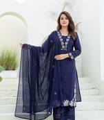 Navy Blue Cotton Embroidered Kurta Set with Mul Cotton Dupatta