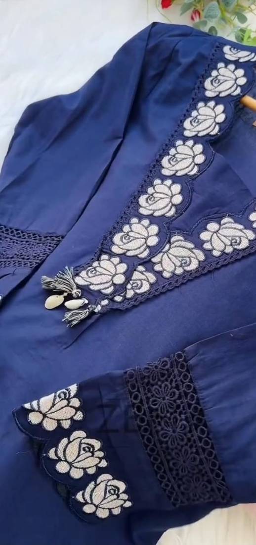 Navy Blue Cotton Embroidered Kurta Set with Mul Cotton Dupatta