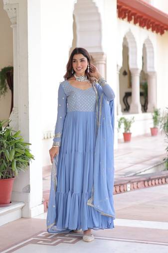 Sky faux georgette embroidered gown with dupatta     three-layer frill stitching | partywear category