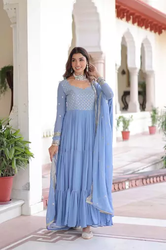 Sky faux georgette embroidered gown with dupatta – three-layer frill stitching | partywear category