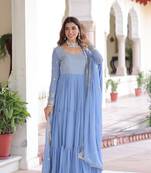 Sky faux georgette embroidered gown with dupatta     three-layer frill stitching | partywear category