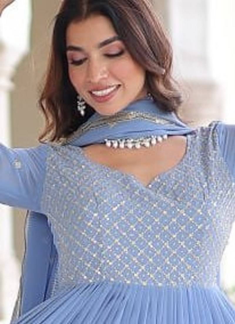 Sky faux georgette embroidered gown with dupatta – three-layer frill stitching | partywear category
