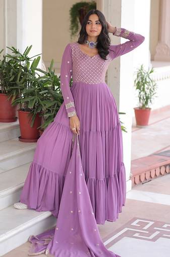 Onion pink faux georgette embroidered gown with dupatta     three-layer frill stitching | partywear category
