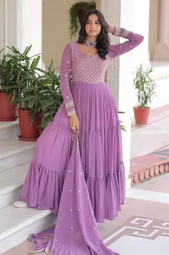 Onion pink faux georgette embroidered gown with dupatta – three-layer frill stitching | partywear category