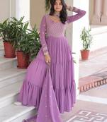 Onion pink faux georgette embroidered gown with dupatta     three-layer frill stitching | partywear category