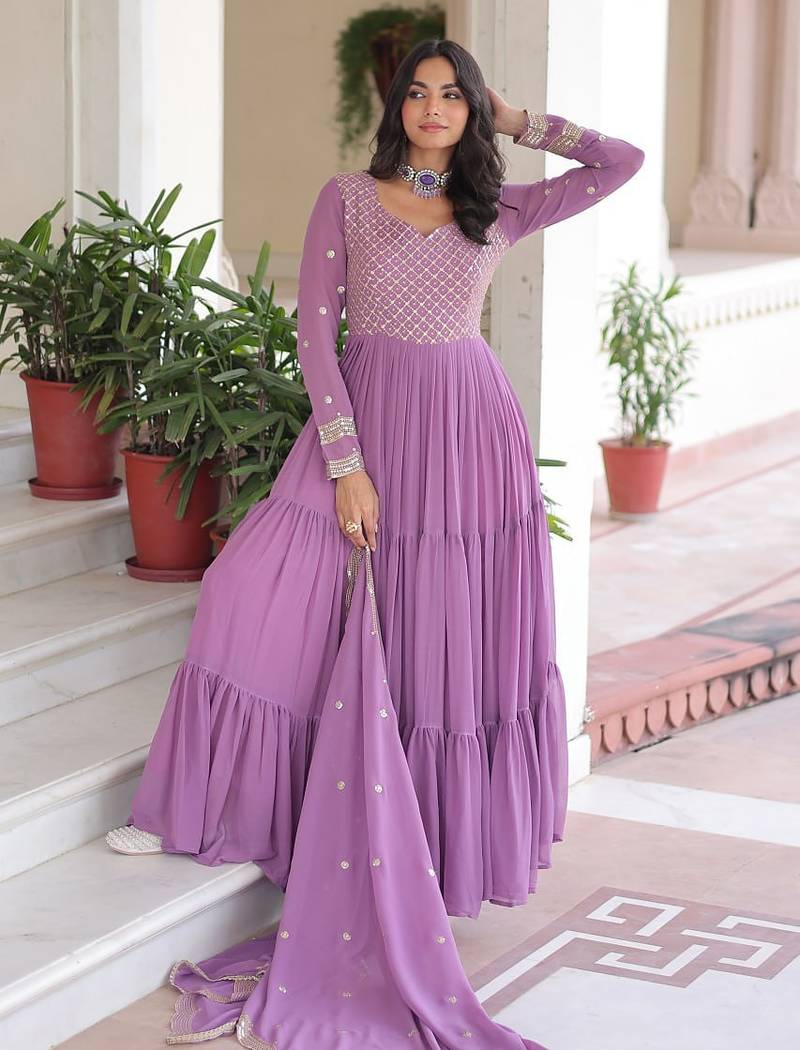 Onion pink faux georgette embroidered gown with dupatta – three-layer frill stitching | partywear category