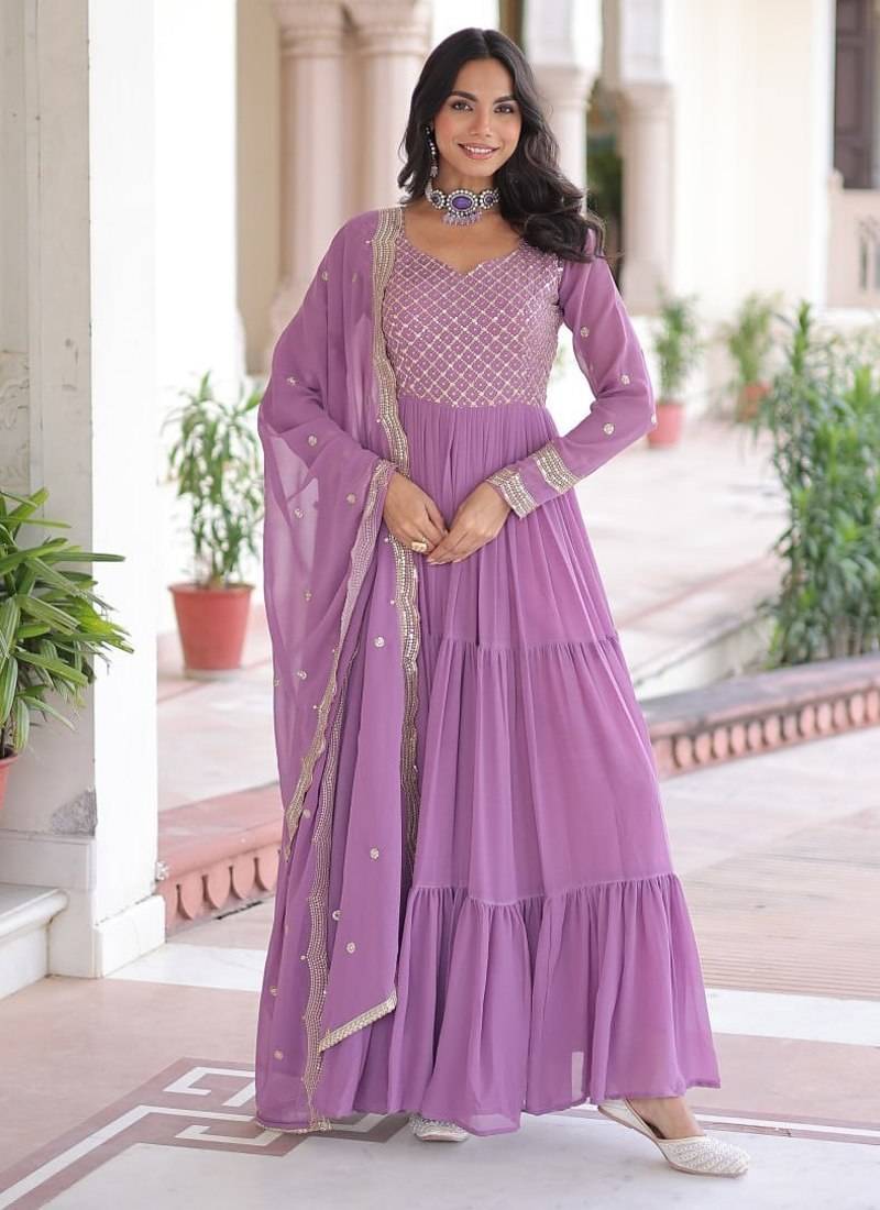 Onion pink faux georgette embroidered gown with dupatta – three-layer frill stitching | partywear category