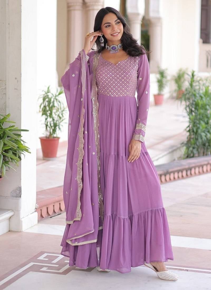 Onion pink faux georgette embroidered gown with dupatta – three-layer frill stitching | partywear category